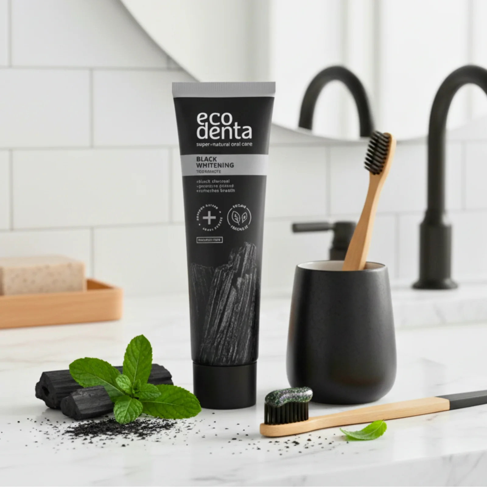 Bain de bouche + Dentifrice blanchissant au charbon actif (saveur menthe + saveur orange )