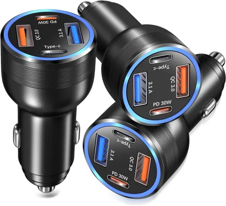 Bangfun - Cargador de coche USB C, 3 unidades, 4 puertos 65 W, dual 12 V, USB-C y USB A, cargador de automóvil, adaptador de corriente QC+PD 3.0 de carga rápida para iPhone 16/15/14/13/11 Pro