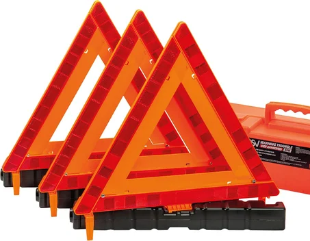 DSV Standard Triángulos de advertencia, triángulos de seguridad aprobados por DOT, plástico, paquete de 3, triángulos reflectantes con base pesada, FMVSS 571.125 y funda de transporte incluid