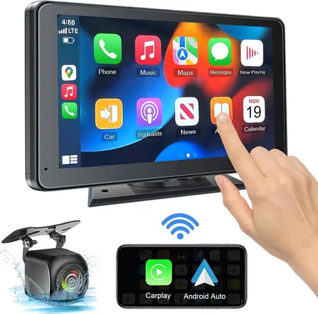 Pantalla inalámbrica portátil Apple CarPlay y Android Auto para automóvil, pantalla táctil HD de 7 pulgadas con enlace de espejo, Bluetooth 5.2, cámara de respaldo, transmisor AUX, FM para