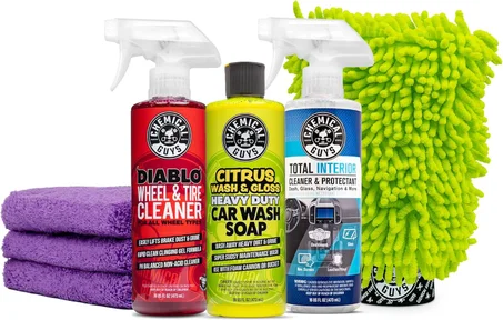 Chemical Guys Kit de limpieza para automóvil, con jabón de lavado de autos, limpiador de ruedas, interior total, guante de lavado de autos, kit de lavado interior y exterior con accesorios de
