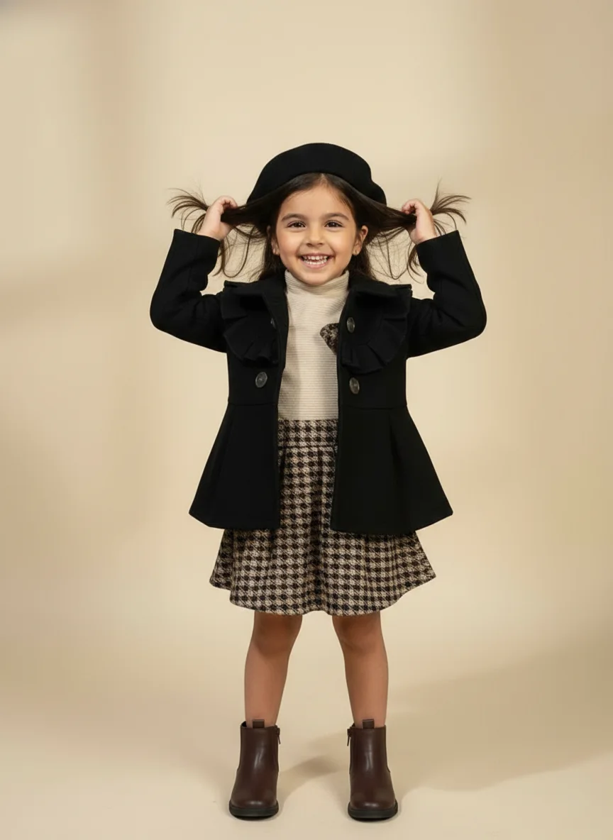 طقم شتوي كلاسيكي للبنات - 3 قطع (معطف، بلوزة، تنورة