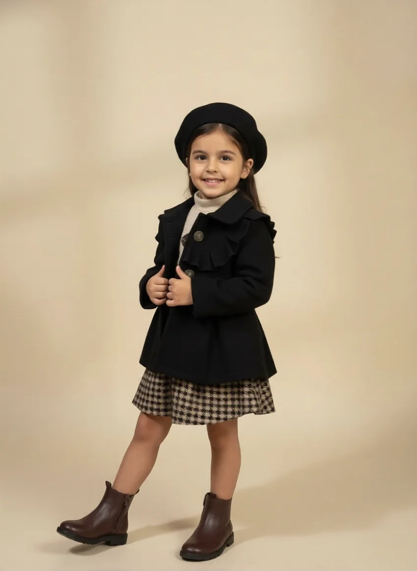 طقم شتوي كلاسيكي للبنات - 3 قطع (معطف، بلوزة، تنورة