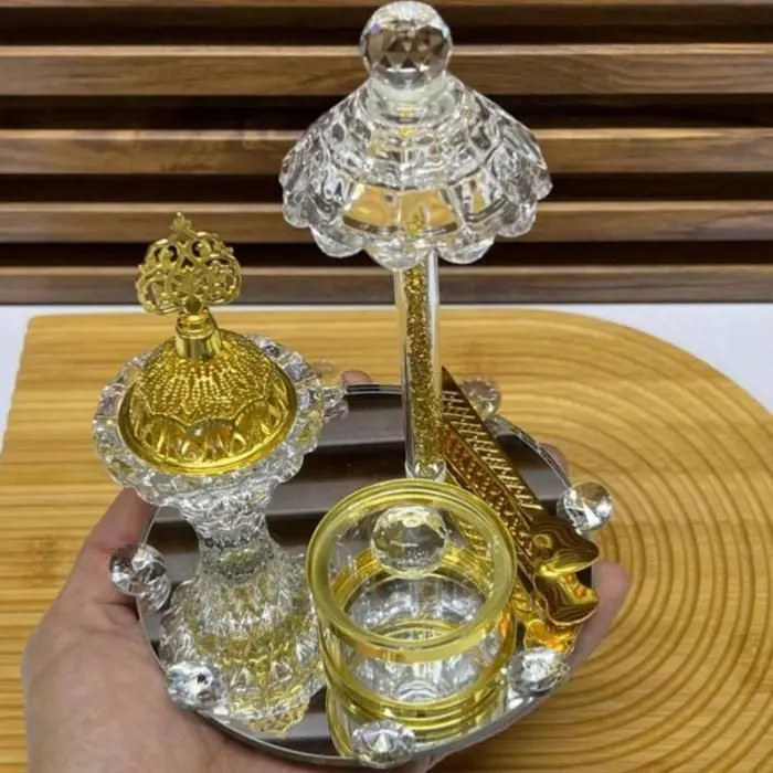 طقم مبخرة فاخرة بتصميم زجاجي ذهبي فاخر