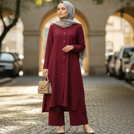 طقم نسائي محتشم بأناقة عصرية – مثالي للعمل والخروج اليومي