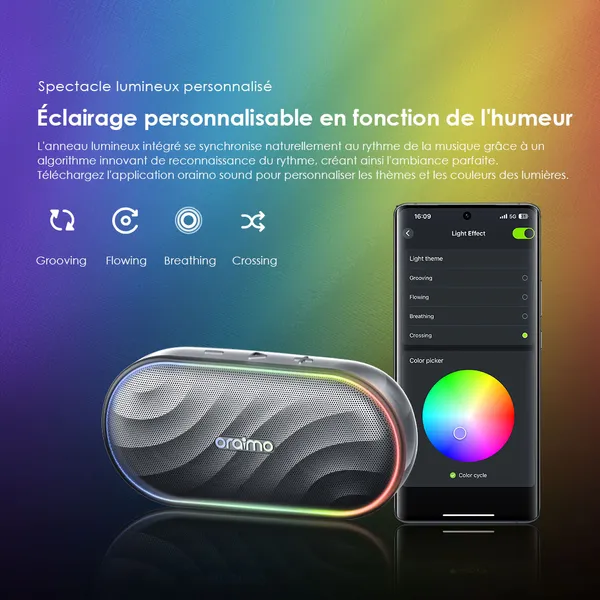 oraimo SpaceBox Haut-parleur avec FM, lumières personnalisables, égaliseur