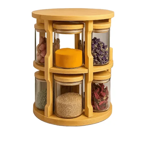 طقم توابل دوّار (8 قطع) مع حامل خشبي فاخر.