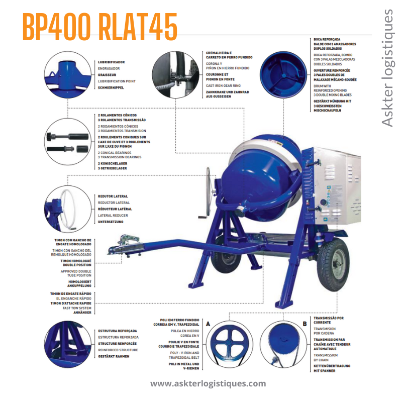 BP400 RLAT45 - BÉTONNIÈRE PROFESSIONNEL TRACTABLE