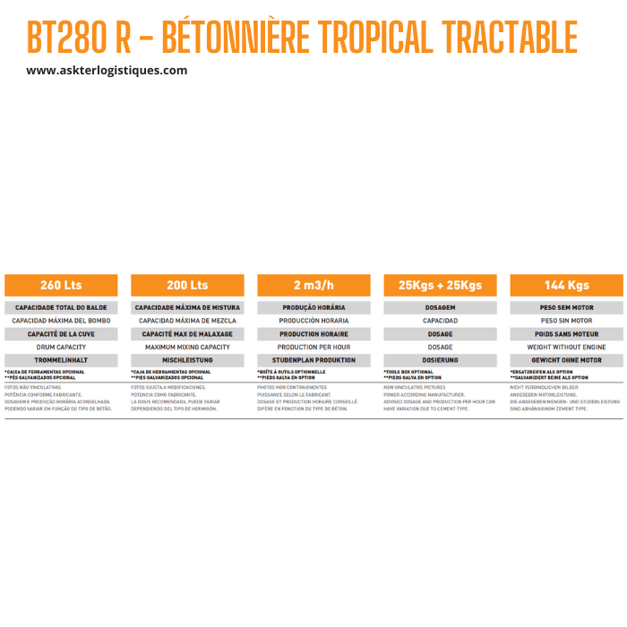 BT280 R - BÉTONNIÈRE TROPICAL TRACTABLE