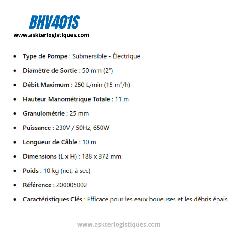 BHV401S - Pompes ÉLECTRIQUES Submersibles, 230 V / 50 Hz, Monophasé