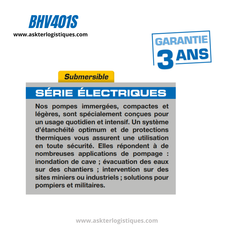 BHV401S - Pompes ÉLECTRIQUES Submersibles, 230 V / 50 Hz, Monophasé