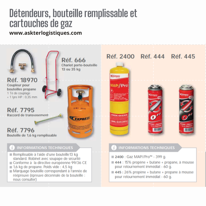 Détendeurs, bouteille remplissable et cartouches de gaz