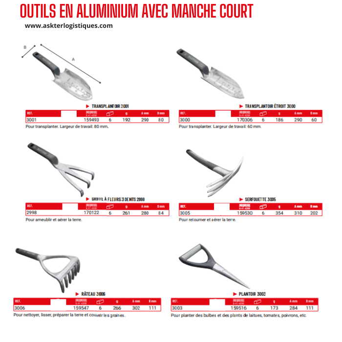 OUTILS EN ALUMINIUM AVEC MANCHE COURT