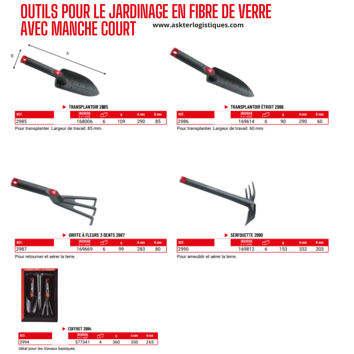 OUTILS POUR LE JARDINAGE EN FIBRE DE VERRE AVEC MANCHE COURT