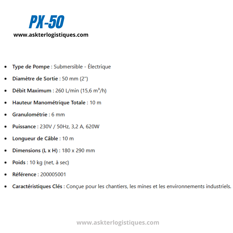 PX-50 - Pompes ÉLECTRIQUES Submersibles, 230 V / 50 Hz, Monophasé