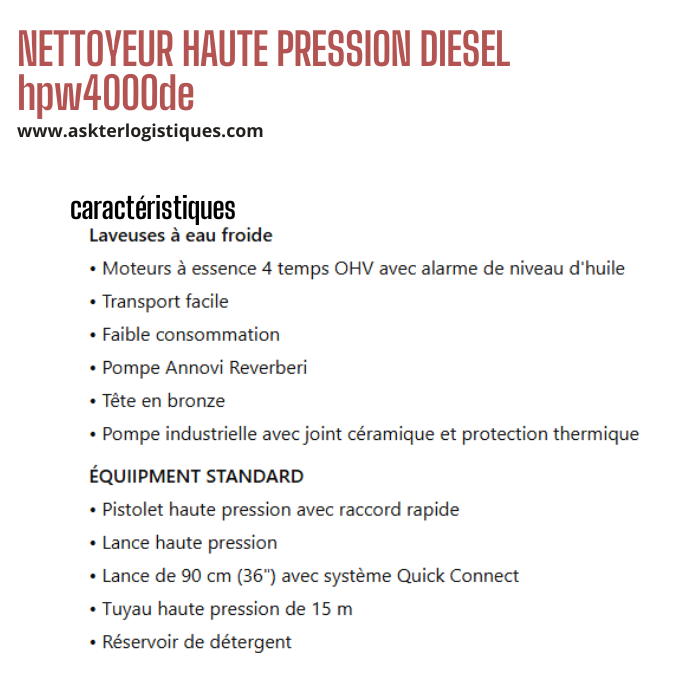 NETTOYEUR HAUTE PRESSION DIESEL hpw4000de