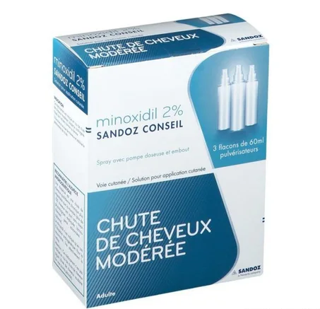 Minoxidil 2% Anti Chute Des Cheveux Sandoz boite dex3 flacons