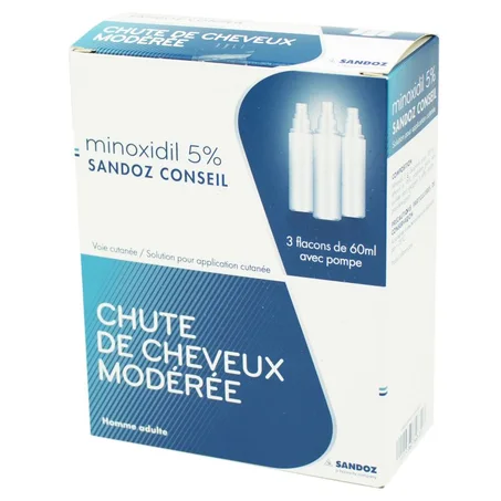 Minoxidil 5% Anti Chute Des Cheveux Sandoz boite de 3 flacons