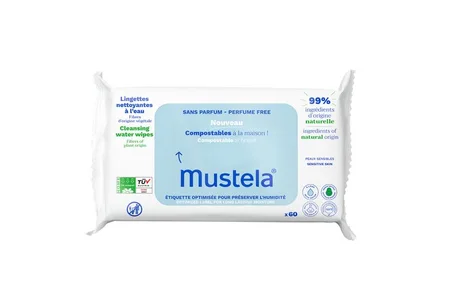 MUSTELA Lingettes Nettoyantes Compostables Sans Parfum 60 Lingettes