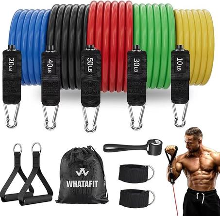 WHATAFIT Bandas de resistencia, bandas de ejercicio, bandas de resistencia para entrenamiento, bandas de entrenamiento con asas para hombres y mujeres, entrenamiento de fuerza, equipo de gimn