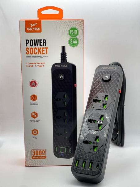 Multiprise YOO FACE PS-01 – 3 Prises + 3 USB + 1 Type-C (3.4A)