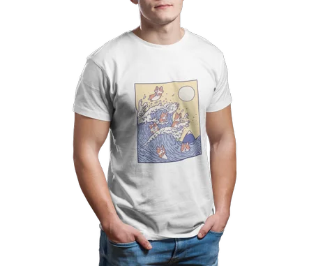 The Great Wave of Corgi Tshirt Blanc - AD126