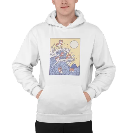 The Great Wave of Corgi Hoodie Blanc - AD126