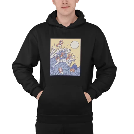 The Great Wave of Corgi Hoodie Noir - AD126