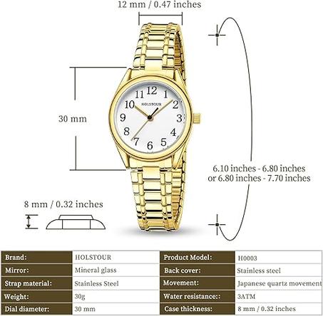 ساعات ذهبية للنساء ساعة سهلة القراءة، مع سوار توسعة من الفولاذ المقاوم للصدأ، مقاومة حتى عمق 30 مترًا