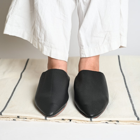 Black Leather Babouche - Classic Moroccan Babouche Slippers for Women
