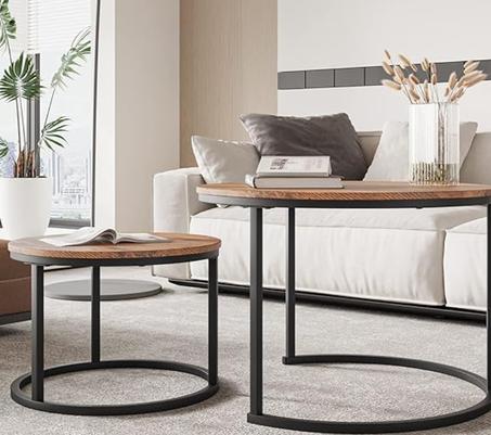 طقم طاولة قهوة دائرية من قطعتين قابلة للتداخل جانبية خشبية مع اطار معدني قوي سهلة التجميع للشرفة وغرفة المعيشة بني ريفي خشب معدن