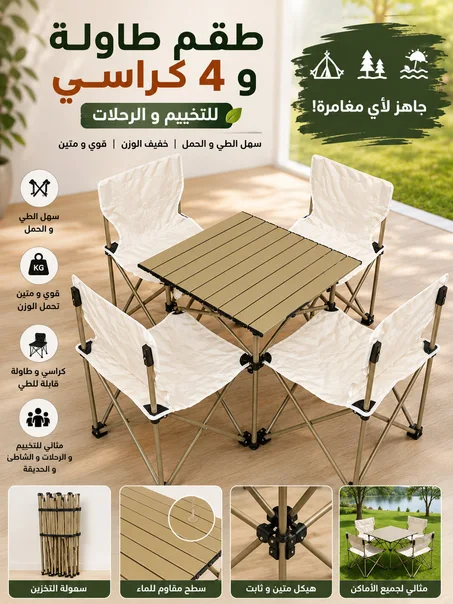 🏕️ طقم تخييم 4 كراسي + طاولة ألمنيوم قابلة للطي