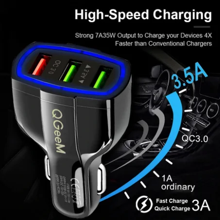 QGEEM QC 3.0 3 USB Car Charger Quick Charge 3.0 3-Ports Fast Charger for Car Phone Charging Adapter for iPhone Xiaomi Mi 9 Redmi