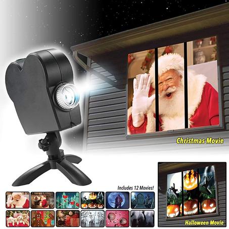 Christmas Halloween Holographic Projector 12 Movies Halloween Party Christmas Santa Claus Projection Lamp Window Movie Projector