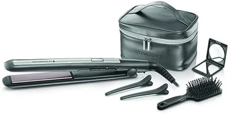 Remington Coffret Coiffure, Fer à lisser, Lisseur Plaques Souples Céramique Avancée Titanium, 1 Brosse Plate, 2 Pinces Cheveux, 1 Miroir, 1 Vanity de Rangement - S5506GP
