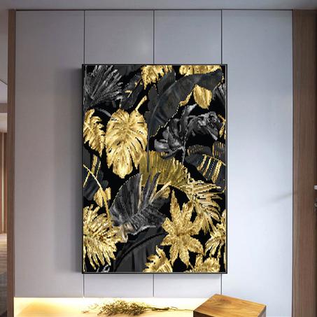 Harmonieux de Feuilles Vertes Dorées et Noires sur Fond Noir