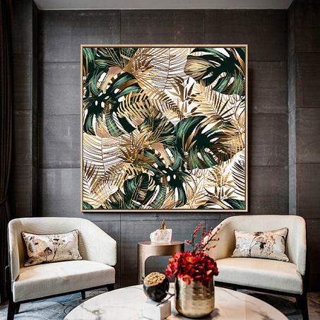 feuilles tropicales vertes et dorées sur fond blanc