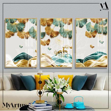 Feuilles d'or et de cerfs en 3 Tableaux