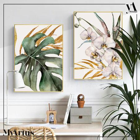Tropicales à l'aquarelle avec orchidées, feuilles de palmier