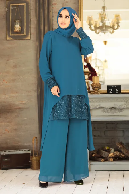 طقم بنطلون وتونيك محتشم أزرق بظهر طويل نسائي