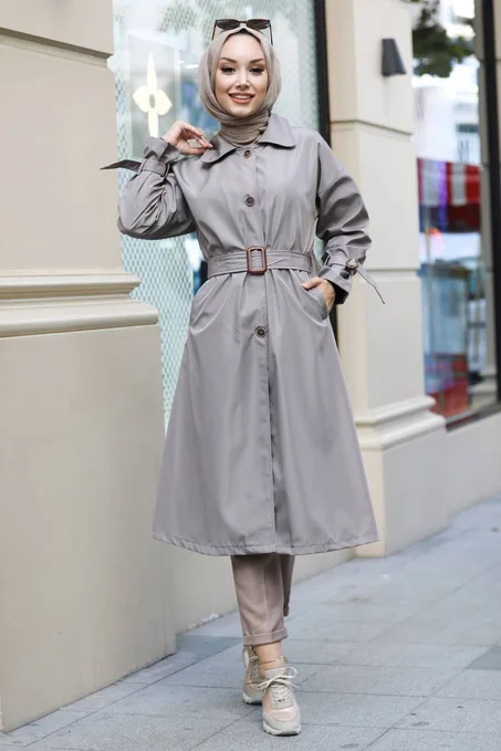 معطف ترنش محتشم بيج غامق بأزرار نسائي