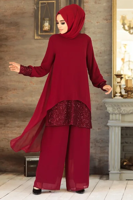 طقم بنطلون وتونيك محتشم عنابي بظهر طويل نسائي