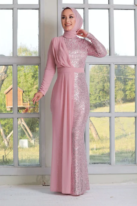 فستان سهرة محتشم وردي بترتر ومفصل بشيفون نسائي