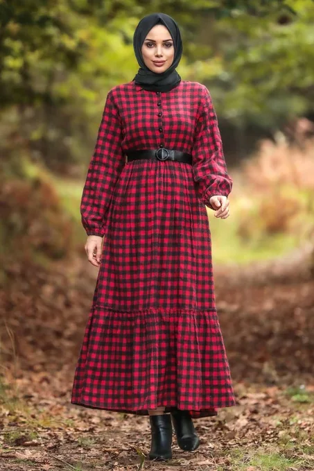 فستان محتشم أحمر بمربعات نسائي