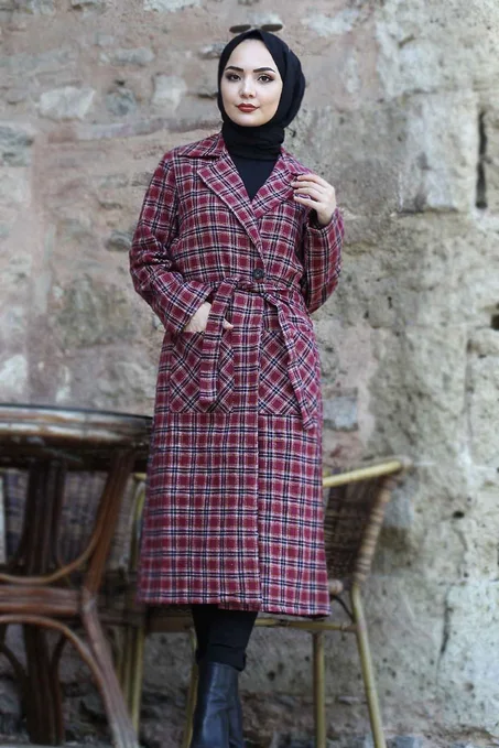 معطف كاشيه عنابي بحزام نسائي