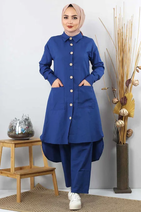 طقم بنطلون وتونيك محتشم أزرق بجيوب نسائي