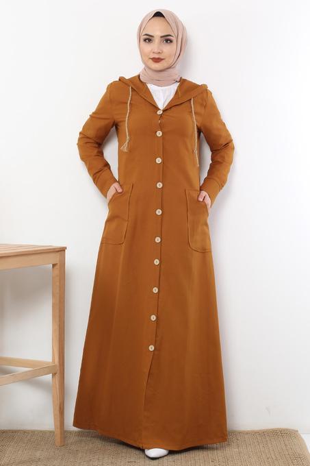 عباية هودي بني فاتح بأزرار خشبية نسائية