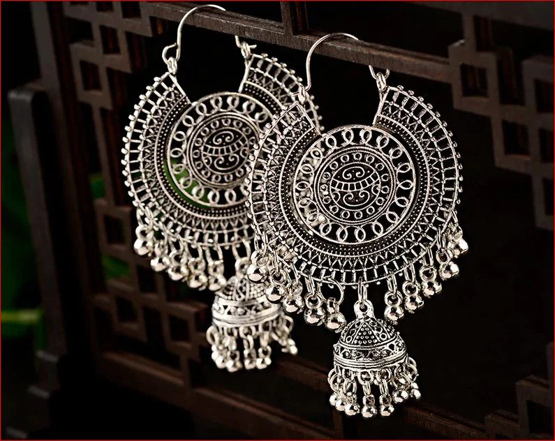 Boucles d'oreilles pendantes en or traditionnel indien ethnique gland pour femmes grande boucle d'oreille ronde gitane Jhumka Jhumki