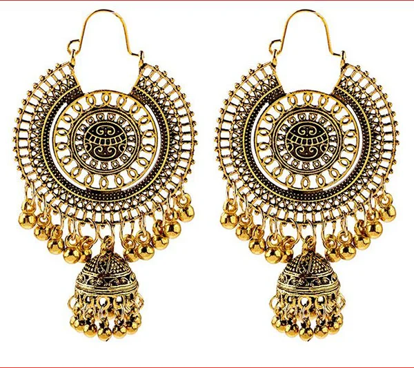 Boucles d'oreilles pendantes en or traditionnel indien ethnique gland pour femmes grande boucle d'oreille ronde gitane Jhumka Jhumki