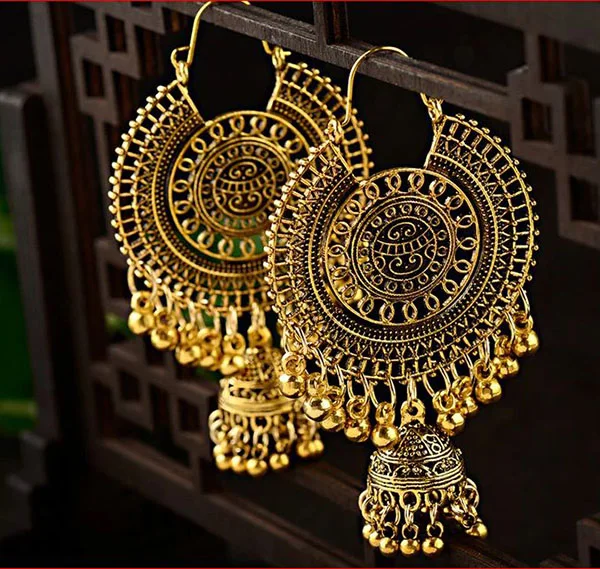 Boucles d'oreilles pendantes en or traditionnel indien ethnique gland pour femmes grande boucle d'oreille ronde gitane Jhumka Jhumki